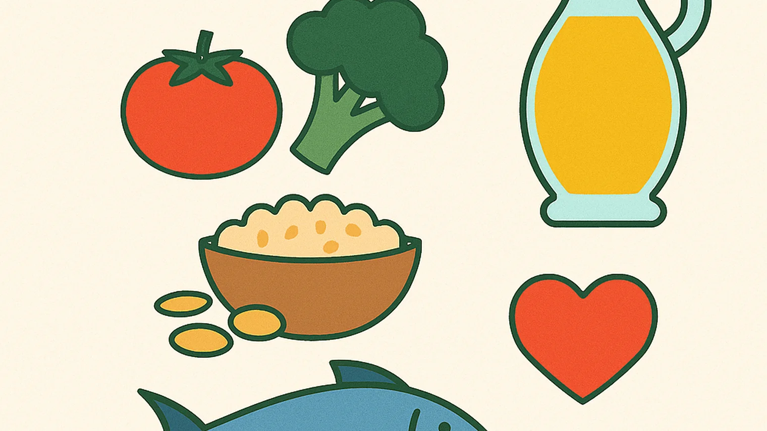 Tavola mediterranea con verdure, legumi, pesce, pane integrale e olio d'oliva
